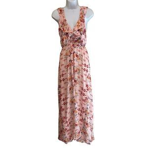 Jaase Floral Halter Maxi Dress Womens Medium Pink Ruffle Front Boho Cottage